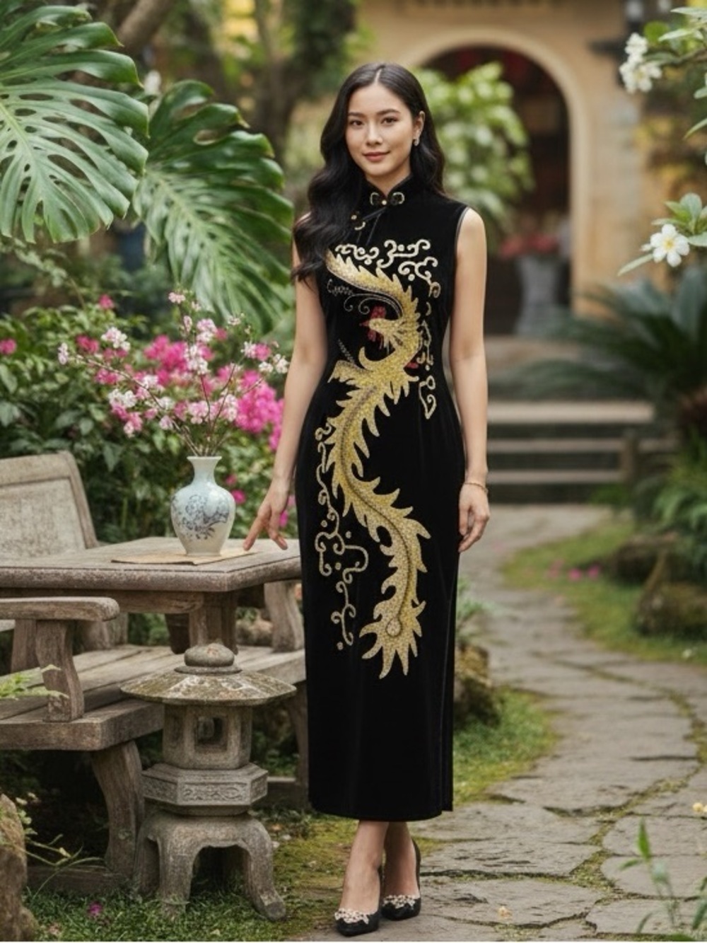 Vintage Van Ha Vietnamese Sequin Beaded Black Velvet Maxi Dress - Women's 4
